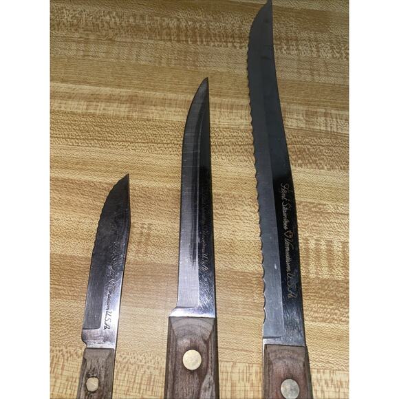 Vintage Set of 3 Flint Stainless Vanadium Knives Wood Handles USA - Picture 3 of 7